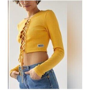 The Ragged Priest Mustard Yellow‎ Lace-Up Ribbed Long Sleeve Crop Top Size L